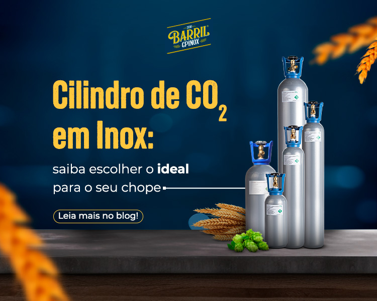 Imagem promocional da marca Barril GP Inox mostrando cilindros de CO₂ em inox de diferentes tamanhos, acompanhados da frase “Cilindro de CO₂ em Inox: saiba escolher o ideal para o seu chope”. No canto inferior há elementos gráficos como lúpulo e espigas de trigo, remetendo ao universo da cerveja.