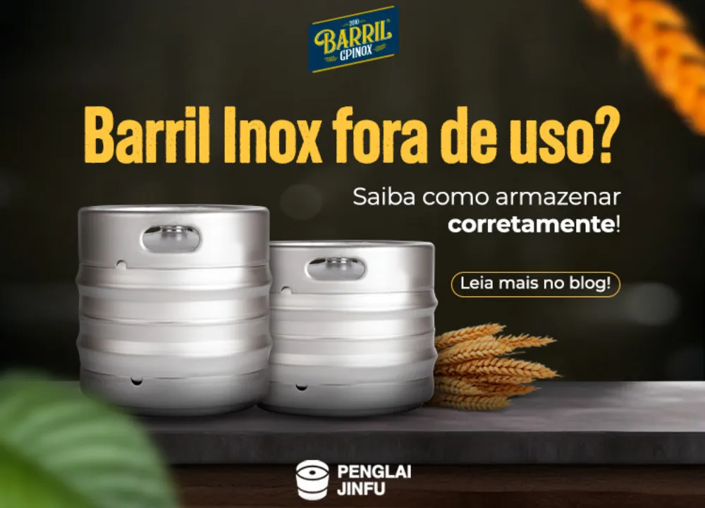 Dois barris de inox sobre uma superfície escura, com fundo desfocado e elementos de trigo ao lado, acompanhados do texto promocional "Barril Inox fora de uso? Saiba como armazenar corretamente!".