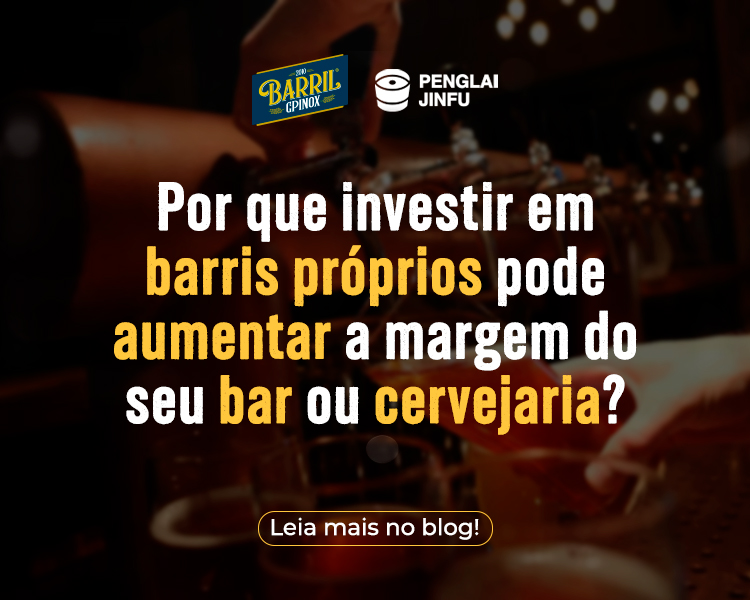 Arte promocional destacando a importância de investir em barris próprios para bares e cervejarias, com chamada para leitura em blog.