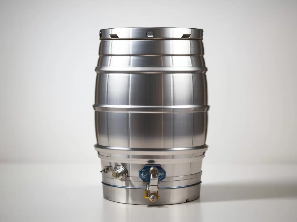 Barril de cerveja de metal inoxidável com torneira na parte inferior, sobre fundo branco.