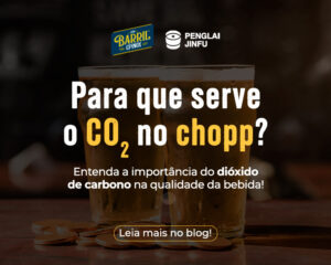 Imagem promocional com dois copos de chope e o texto “Para que serve o CO₂ no chopp? Entenda a importância do dióxido de carbono na qualidade da bebida!”.
