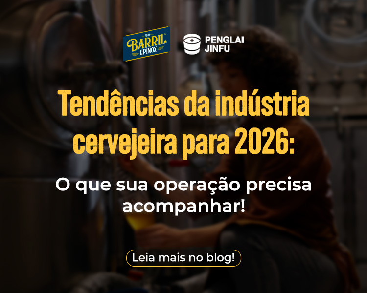 Imagem promocional com o texto “Tendências da indústria cervejeira para 2026: o que sua operação precisa acompanhar”, logotipos da Barril & Cia e Penglai Jinfú, e botão “Leia mais no blog”, sobre fundo de ambiente industrial cervejeiro.